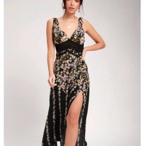 Free People Black Floral Print Tie-Strap Maxi Dres